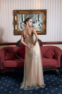 THÉSONG • Champagne Embellished Sheer Column Evening Gown