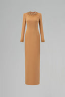 Round Neck Column Gown With Gold Crystals & Stones In Brown Crepe for women, from IHF ATELIER, The Viet Concept 
