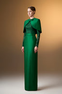 IHF ATELIER • Crimson Bamboo Taffeta & French Lace Column Evening Gown with Mini Cape
