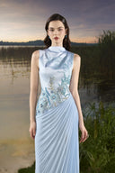 TRACY COUTURE • High Neck Floral Embellished Diagonal Pleated Gown