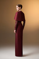IHF ATELIER • Crimson Bamboo Taffeta & French Lace Column Evening Gown with Mini Cape