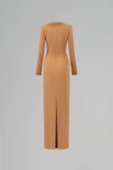 Round Neck Column Gown With Gold Crystals & Stones In Brown Crepe for women, from IHF ATELIER, The Viet Concept 