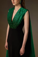 IHF ATELIER • Emerald Draped Crystal V-Neck Crepe Column Gown