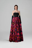 Strapless Bustier Black & Pink Floral Jacquard Ball Gown in Taffeta for women, from IHF ATELIER, The Viet Concept