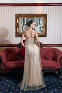 THÉSONG • Champagne Embellished Sheer Column Evening Gown