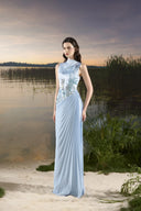 TRACY COUTURE • High Neck Floral Embellished Diagonal Pleated Gown