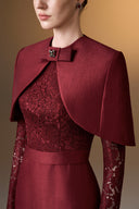 IHF ATELIER • Crimson Bamboo Taffeta & French Lace Column Evening Gown with Mini Cape