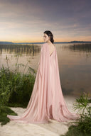 TRACY COUTURE • Plunging V-Neck Floral Cape Sleeve Taffeta Maxi Gown