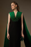IHF ATELIER • Emerald Draped Crystal V-Neck Crepe Column Gown