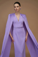Light Purple V-Neck Column Gown With Crystal Cape Sleeves for women, from IHF ATELIER, The Viet Concept 