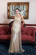 THÉSONG • Champagne Embellished Sheer Column Evening Gown