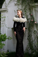 Luxury Black Column Evening Gown With Draped Rose Neckline for women, from IHF ATELIER, The Viet Concept