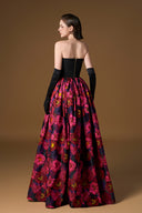 Strapless Bustier Black & Pink Floral Jacquard Ball Gown in Taffeta for women, from IHF ATELIER, The Viet Concept