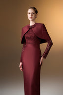 IHF ATELIER • Crimson Bamboo Taffeta & French Lace Column Evening Gown with Mini Cape