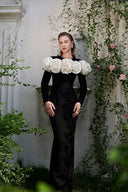 Luxury Black Column Evening Gown With Draped Rose Neckline for women, from IHF ATELIER, The Viet Concept
