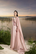 TRACY COUTURE • Plunging V-Neck Floral Cape Sleeve Taffeta Maxi Gown