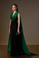 IHF ATELIER • Emerald Draped Crystal V-Neck Crepe Column Gown