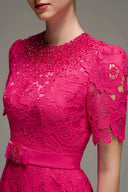 Pink Lace Short Sleeve A-Line Gown with Crystal Embroidered Neckline for women, from IHF STUDIO, The Viet Concept