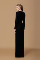 Black Crepe De Chine Round Neck Long Sleeve Column Gown for women, from IHF ATELIER, The Viet Concept 