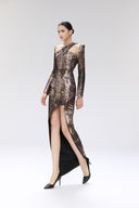 Sublunar Copper Brocade Asymmetrical Dress for women, from SORAMAME, The Viet Concept