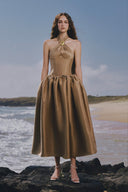 The Wood Moon Brooch Taffeta A-Line Midi Dress for women, from LINH PHUNG, The Viet Concept