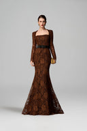 IHF ATELIER • Trapeze Neck Cocoa Brown Lily Lace Mermaid Gown