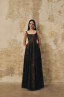 L' SCARLETT • Flared Crystal-Beaded Glitter Lace U-Neck Maxi Dress