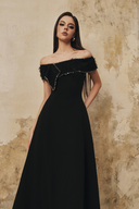 L' SCARLETT • Crystal Draped Off-Shoulder Flared Midi Dress