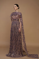 Bottle Neck Purple Tie-Dye Metallic Chiffon A-Line Gown Ruffle Train for women, from IHF ATELIER, The Viet Concept 