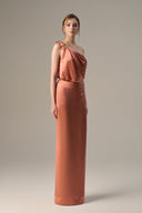 Orange Satin Silk One-Shoulder Twisted Bustier Gown for women, from IHF ATELIER, The Viet Concept