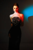 Vesper Gilded Lace Sequin Mesh Sculpted Train Dress for women, from SORAMAME, The Viet Concept
