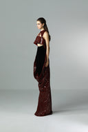 Nectar Burgundy Sequin Velvet Cut-Out Floor-Length Gown for women, from SORAMAME, The Viet Concept
