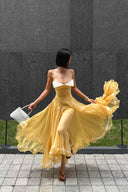 HUELLEY ROSE • Liane Golden Yellow Silk Organza Bow-Bodice A-Line Maxi Dress