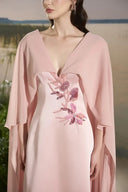 TRACY COUTURE • Plunging V-Neck Floral Cape Sleeve Taffeta Maxi Gown