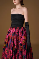 Strapless Bustier Black & Pink Floral Jacquard Ball Gown in Taffeta for women, from IHF ATELIER, The Viet Concept