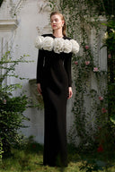 Luxury Black Column Evening Gown With Draped Rose Neckline for women, from IHF ATELIER, The Viet Concept