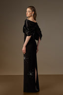 IHF ATELIER • V Neck Draped Crystal-Embellished Black Crepe Column Gown