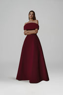 L' SCARLETT • Sculpted 3D Bust Red Off-Shoulder Flared Maxi Gown