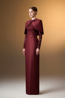 IHF ATELIER • Crimson Bamboo Taffeta & French Lace Column Evening Gown with Mini Cape