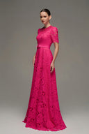 Pink Lace Short Sleeve A-Line Gown with Crystal Embroidered Neckline for women, from IHF STUDIO, The Viet Concept
