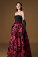 Strapless Bustier Black & Pink Floral Jacquard Ball Gown in Taffeta for women, from IHF ATELIER, The Viet Concept