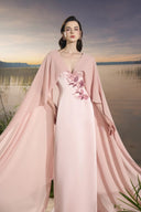 TRACY COUTURE • Plunging V-Neck Floral Cape Sleeve Taffeta Maxi Gown