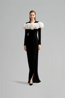 Luxury Black Column Evening Gown With Draped Rose Neckline for women, from IHF ATELIER, The Viet Concept