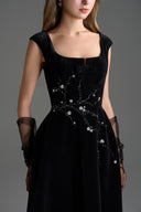 IHF STUDIO • Black Lyon Velvet Crystal-Embellished A-Line Midi Dress