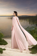 TRACY COUTURE • Keyhole Bodice Floral Cape Flared Taffeta Gown