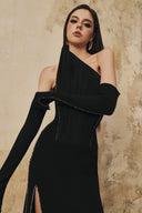 L' SCARLETT • Pointed Bust Crystal-Beaded Silk Draped Maxi Dress
