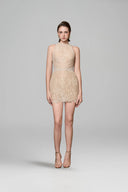 Celestine Beige Pearl-Embellished Mesh Halter Mini Dress for women, from IHF STUDIO, The Viet Concept
