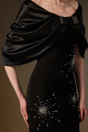 IHF ATELIER • V Neck Draped Crystal-Embellished Black Crepe Column Gown