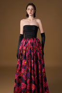 Strapless Bustier Black & Pink Floral Jacquard Ball Gown in Taffeta for women, from IHF ATELIER, The Viet Concept