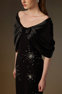 IHF ATELIER • V Neck Draped Crystal-Embellished Black Crepe Column Gown
